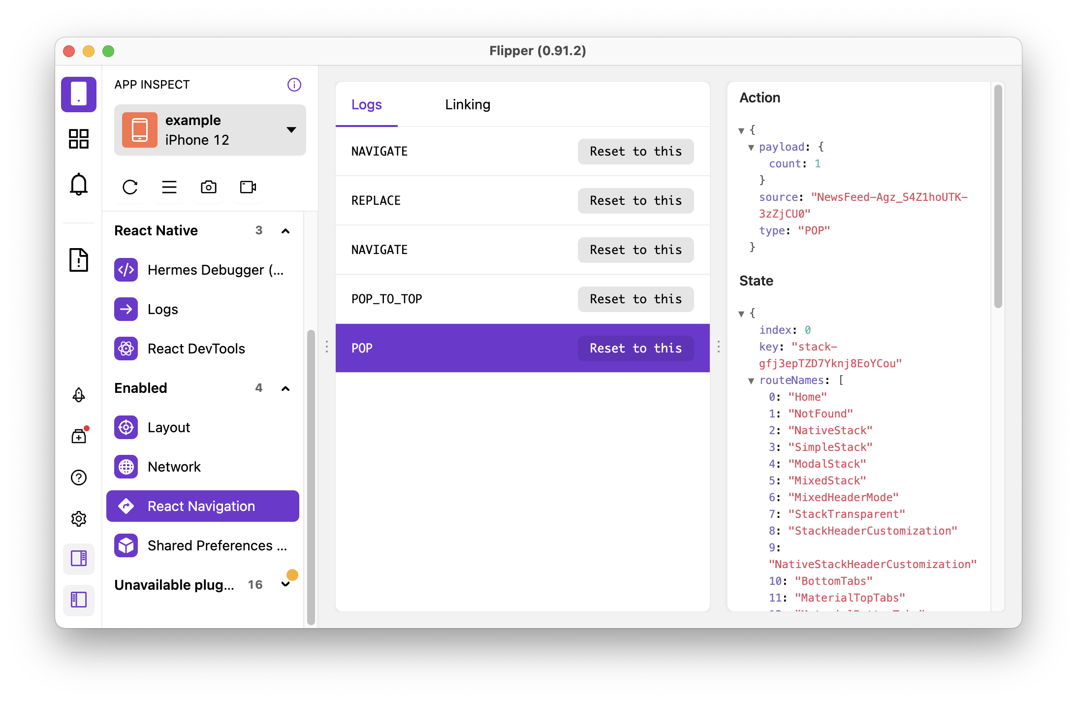 React Navigation Logs